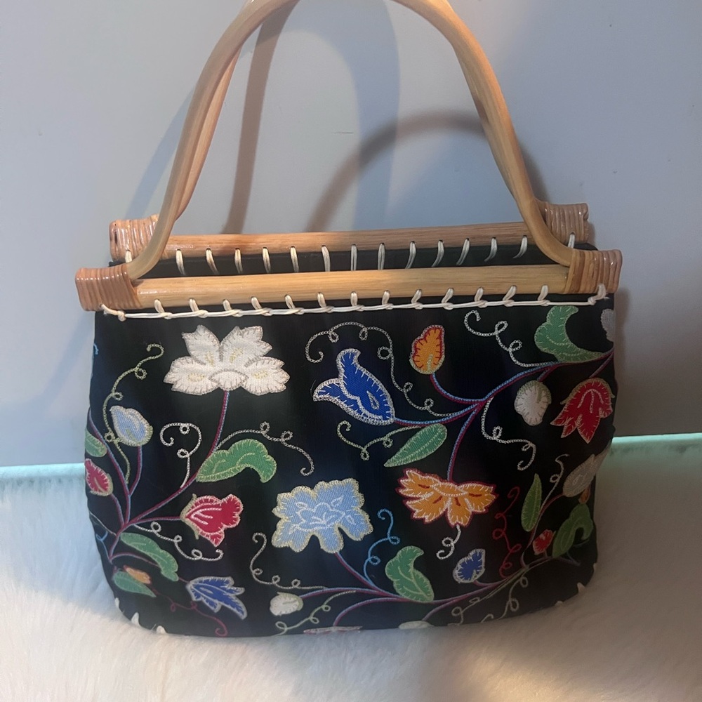 Black Floral Tote with Wooden Frame and Arched Handles